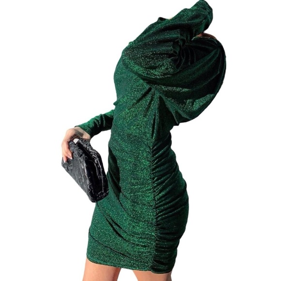 bebe Dresses & Skirts - Bebe green long sleeve sparkly ruched mini dress women’s size small